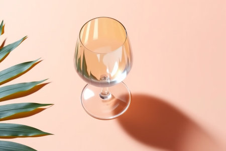 White wine glass on beige background with palm leaf shadow, glare at sun. Summer rest concept. Dry wine in glassware. Creative top view, pastel colors. Generative AI.の写真素材