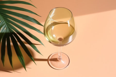 White wine glass on beige background with palm leaf shadow, glare at sun. Summer rest concept. Dry wine in glassware. Creative top view, pastel colors. Generative AI.の写真素材