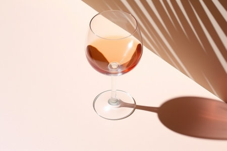 Pink wine glass on beige background with palm leaf shadow, glare at sun. Summer rest concept. Dry wine in glassware. Creative top view, pastel colors. Generative AI.の写真素材