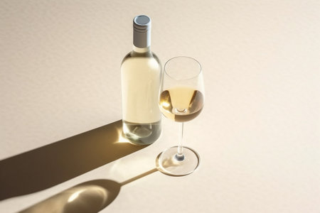 Flat lay with white wine bottle, set glasses wine with sunshine shadow and flare on light beige background. White wine aesthetic photo, copyspace. Summer holiday still life. Generative AI.の写真素材