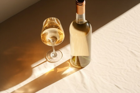 Flat lay with white wine bottle, set glasses wine with sunshine shadow and flare on light beige background. White wine aesthetic photo, copyspace. Summer holiday still life. Generative AI.の写真素材