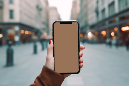 Close up woman using a smartphone with an empty screen, city. Space for social media lifestyle advertising. Generative AI. High quality illustrationの写真素材