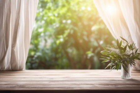 Empty of wood table top on blur of curtain window and abstract white from garden with sunlight. For montage product display or design key visual layout. Generative AI.の写真素材