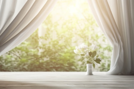 Empty of wood table top on blur of curtain window and abstract white from garden with sunlight. For montage product display or design key visual layout. Generative AI.の写真素材