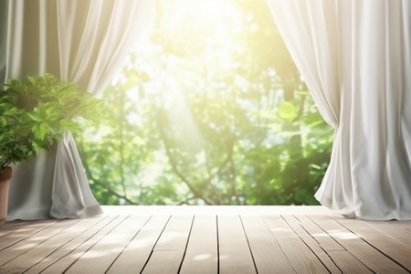 Empty of wood table top on blur of curtain window and abstract white from garden with sunlight. For montage product display or design key visual layout. Generative AI.の写真素材