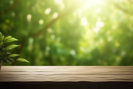 Empty of wood table top on blur of curtain window and abstract white from garden with sunlight. For montage product display or design key visual layout. Generative AI.の写真素材