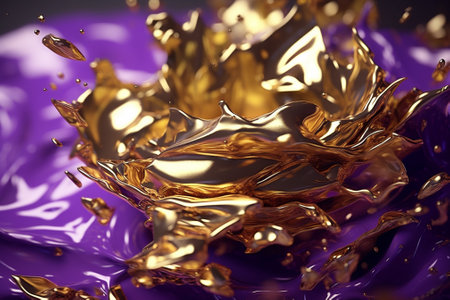 Ultra realistic gold luxurious foil textured flakes in violet flowing liquid, octane. Generative AI.の写真素材