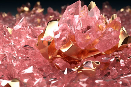 Ultra realistic gold luxurious foil textured flakes in rose crystal flowing liquid, octane. Generative AI.の写真素材