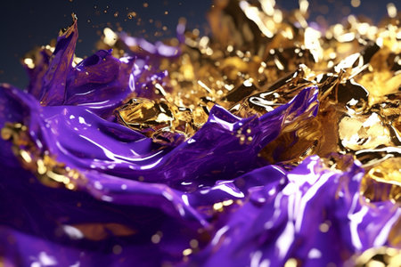 Ultra realistic gold luxurious foil textured flakes in violet flowing liquid, octane. Generative AI.の写真素材