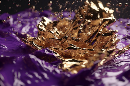 Ultra realistic gold luxurious foil textured flakes in violet flowing liquid, octane. Generative AI.の写真素材