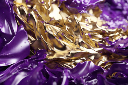 Ultra realistic gold luxurious foil textured flakes in violet flowing liquid, octane. Generative AI.の写真素材