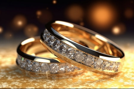 Golden rings with white diamonds, luxurious, in golden flowing liquid. Generative AI.
