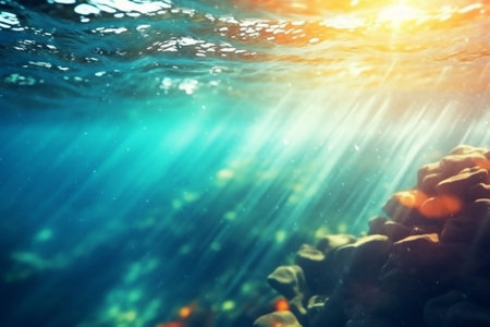 Abstract diving clean underwater background on the maldives islands with bokeh. Generative AI.の写真素材