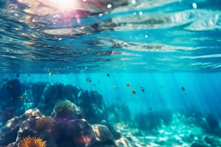 Abstract diving clean underwater background on the maldives islands with bokeh. Generative AI.の写真素材