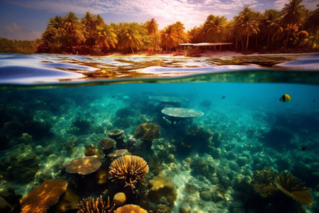 Abstract diving clean underwater background on the maldives islands with bokeh. Generative AI.の写真素材