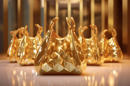 Ultra realistic golden bags with white diamonds, luxurious, in golden flowing liquid. Generative AI.の写真素材