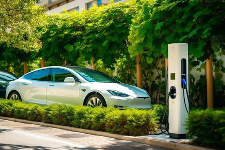 Side view of electric vehicle EV hybrid car next to public charging station with greenery, natural...