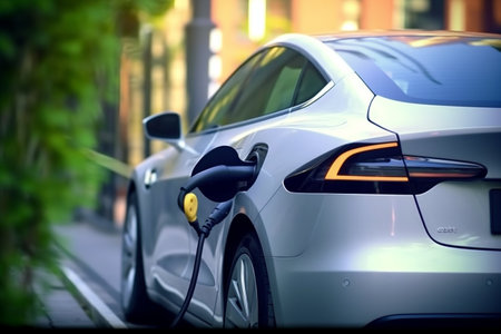 Closeup of electric vehicle plugged in with EV charger device from blurred background of public...