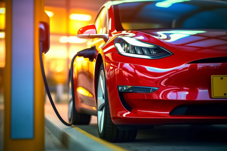 Closeup of electric vehicle plugged in with EV charger device from blurred background of public charging station powered by renewable clean energy for progressive eco - friendly car concept. Generative AI.の写真素材