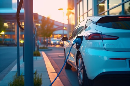 Closeup of electric vehicle plugged in with EV charger device from blurred background of public...