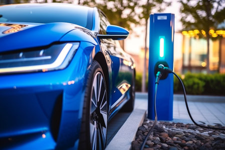 Closeup of electric vehicle plugged in with EV charger device from blurred background of public charging station powered by renewable clean energy for progressive eco - friendly car concept. Generative AI.の写真素材