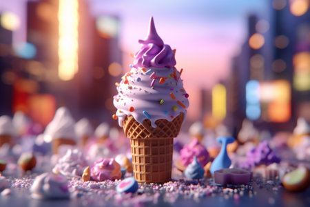 Tasty ice cream flavor in cones setup on the ice-cream background. Summer and sweet menu concept. Generative AI.の写真素材
