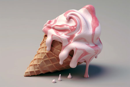 Ice cream cone with strawberry topping on a blue background. Generative AI.の写真素材