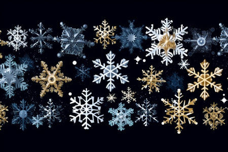 Christmas composition of snowflakes on a black background. Winter concept. Generative AI.