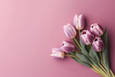 Beautiful bouquet of pink tulip flowers on pink background. Space for text. AI Generative.の写真素材