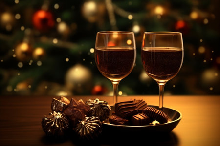 Christmas and New Year celebration champagne and black chocolate candies, tangerines, oranges, toasting on beautiful new year's night snow covering table, with fireworks, AI Generative.の写真素材