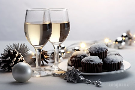 Christmas and New Year snow holidays background, winter season, glasses of wine, champagne, black chocolate candies, toasting on new year's night snow covering table, with fireworks. Generative AI.の写真素材
