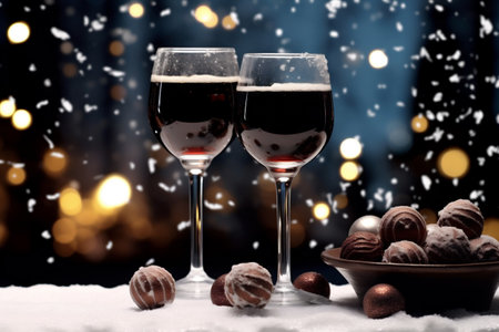 Christmas and New Year snow holidays background, winter season, glasses of wine, champagne, black chocolate candies, toasting on new year's night snow covering table, with fireworks. Generative AI.の写真素材
