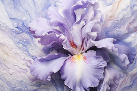 A closeup photograph of acrylic painting of iris flower, white violet clair colors acrylic paint flowing down. Generative AI.の写真素材