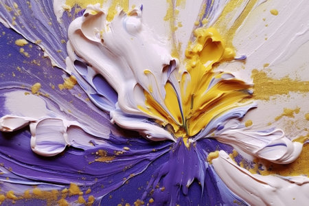 A closeup photograph of acrylic painting of iris flower, white violet clair colors acrylic paint flowing down. Generative AI.の写真素材