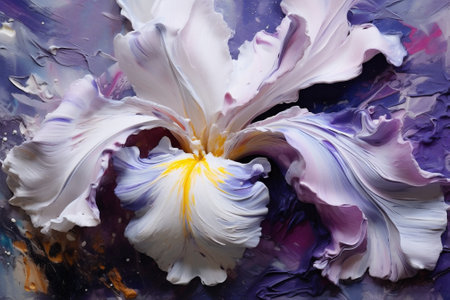 A closeup photograph of acrylic painting of iris flower, white violet clair colors acrylic paint flowing down. Generative AI.の写真素材