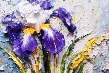 A closeup photograph of acrylic painting of iris flower, white violet clair colors acrylic paint flowing down. Generative AI.の写真素材