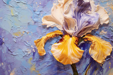 A closeup photograph of acrylic painting of iris flower, white violet clair colors acrylic paint flowing down. Generative AI.の写真素材