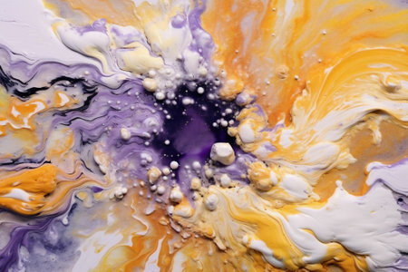 A closeup photograph of acrylic flower painting violet and golden clair colors motion flowing down,...