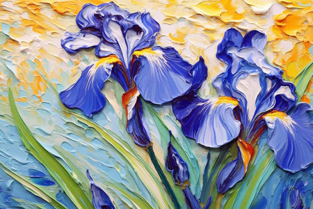 A closeup photograph of acrylic painting of iris flower, white violet clair colors acrylic paint flowing down. Generative AI.の写真素材