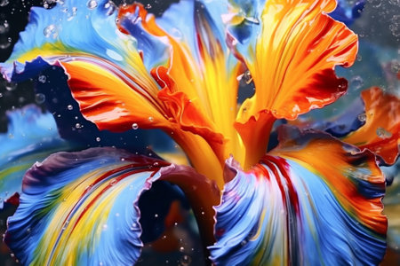 A closeup of acrylic painting iris flower multi colors, motion flowing down, abstract colors, liguid...