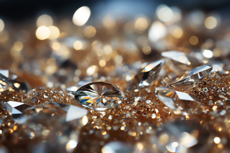 Golden silk crystal glitter luxury fabric background, macro close up, copy space. Wave, textured. Generative AI.の写真素材