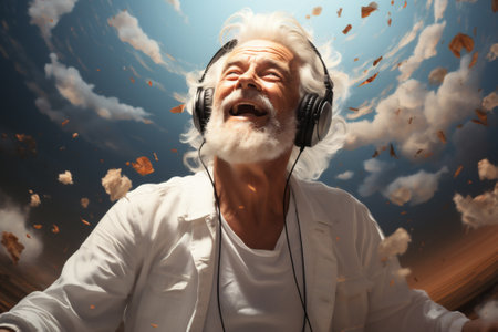 Cheerful yoga old handsome man in white dress with headphones, smiling and jumping while listening to music against light heaven background, AI Generated.の写真素材