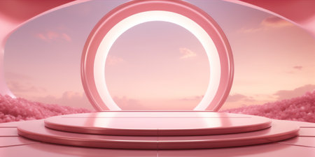 Futuristic luxury stand in pink rose color backdrop background, AI Generative.