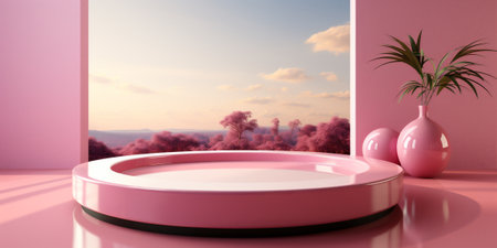 Futuristic luxury stand in pink rose color backdrop background, AI Generative.の写真素材