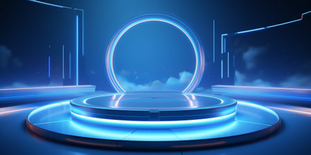Futuristic luxury stand in light blue sky color backdrop background. AI Generative.の写真素材