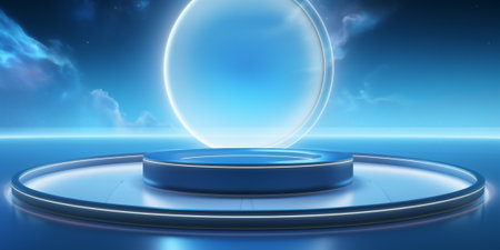 Futuristic luxury stand in light blue sky color backdrop background. AI Generative.の写真素材