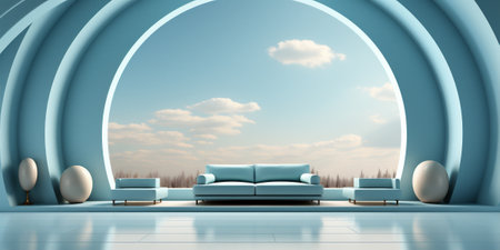 Futuristic luxury stand in light blue sky color backdrop background. AI Generative.の写真素材