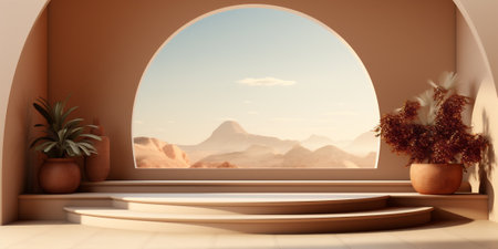 Futuristic luxury stand in beige color backdrop, desert background, AI Generative.の写真素材