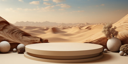 Futuristic luxury stand in beige color backdrop, desert background, AI Generative.の写真素材