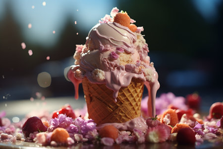 Waffle cone filled with aromatic vanilla and raspberry Ice cream, crazy big dessert on summer outside restaurant background. Close up. High quality illustration. AI Generative.の写真素材